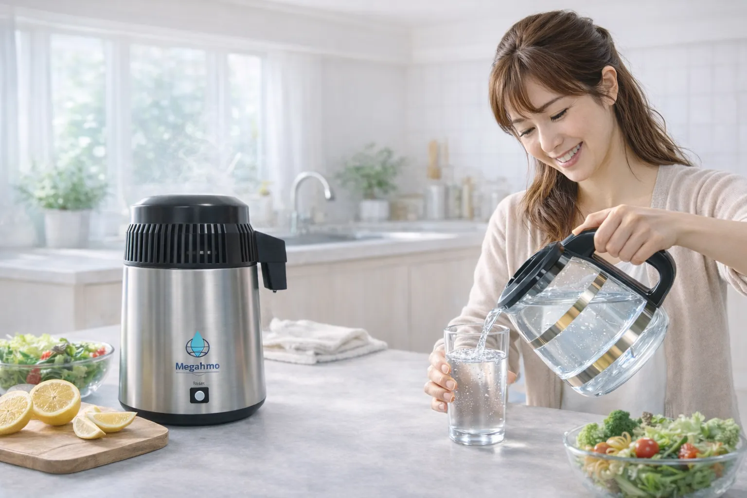 蒸留水器で不純物を除去し純水を生成するイメージ